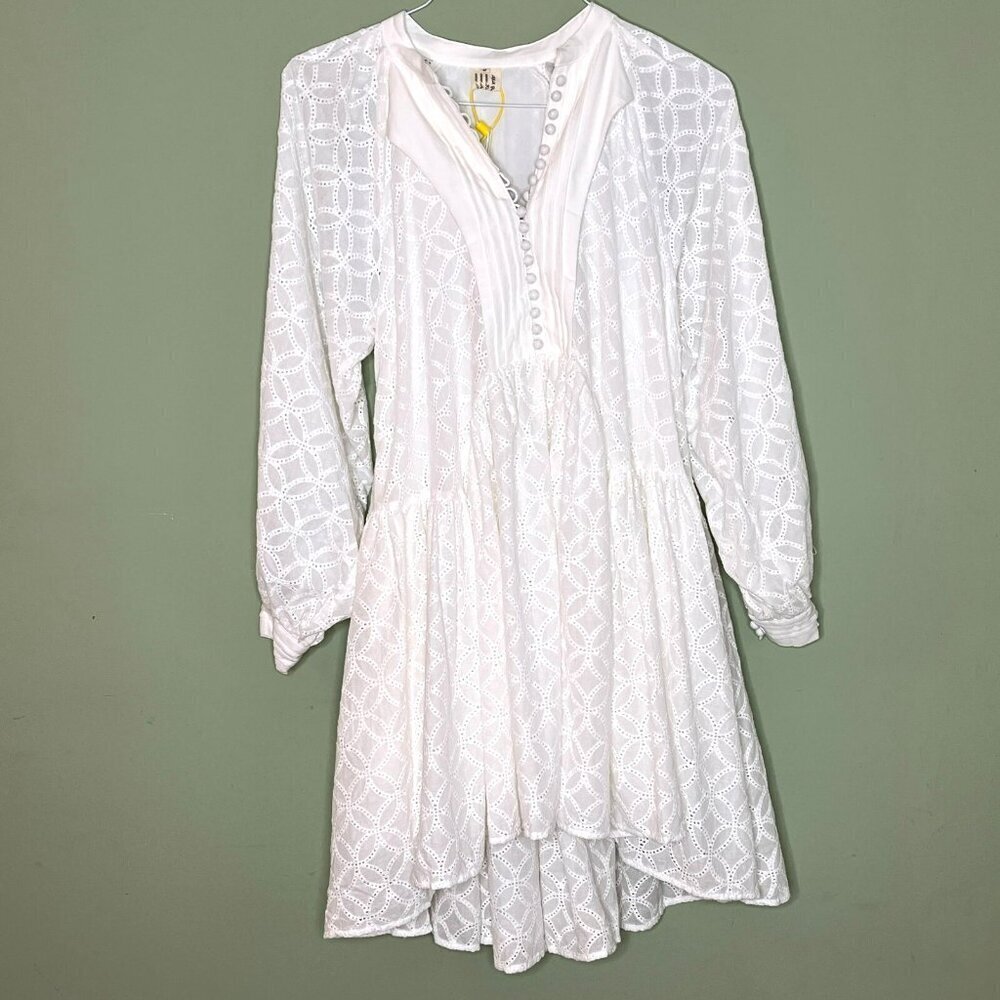 Aoxwomen Minidress sz S Eyelet Boho Cottagecore Hi Lo Hem Peasant Sleeve NWT